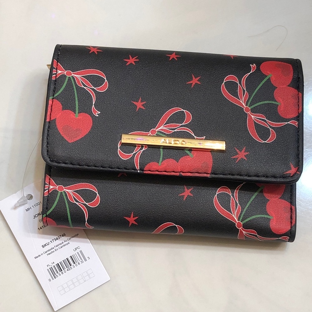 ALDO Jonay Black & Red Bow, Cherry Heart & Star Print Trifold Wallet NWT